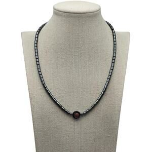 Hematite Beaded Necklace with Goldstone Center Accent